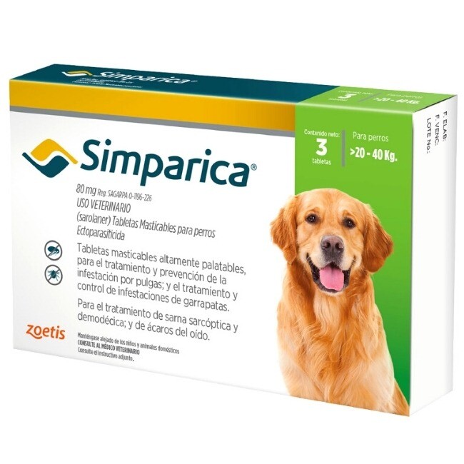 Antipulgas Simparica de 20,1 a 40 kg Perros 3 tab